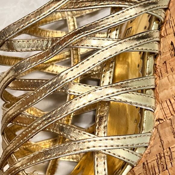 Rampage Gold Metallic Strappy Sandal Womens Sz 8 Cork Wedges Glam Holiday‎ Club - Picture 13 of 14